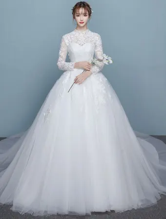Robe De Mariée Vintage 2017 Col Haut Manches Longues Applique Dentelle Robe De Mariage