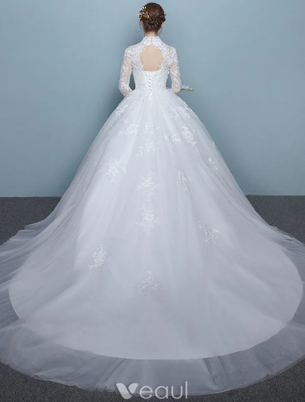 Vintage Wedding Dresses 2017 High Neck Long Sleeves Applique Lace Bridal Gowns