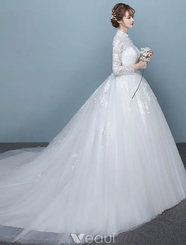 chinese dress ladies A-Line High Neck Long Sleeves Lace Wedding Dress with Appliques Custom Size / White