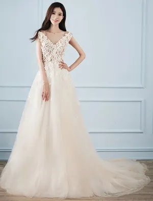 Belle Robe De Mariée A Ligne 2017 V Cou Applique Fleurs Champagne Robes De Mariée Tulle