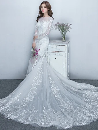 Magnifique Sirène Robe De Mariée 2017 Encolure Dentelle Blanche Robes De Mariée Avec Des Manches