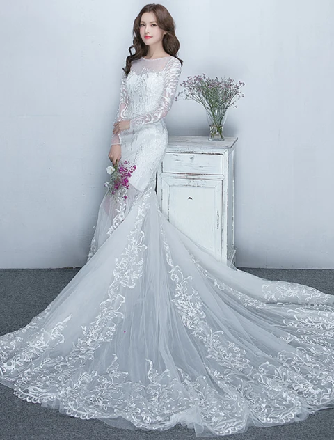 Wunderschöne Meerjungfrau Hochzeitskleider 2017 U-ausschnitt Weiße Spitze Brautkleider Mit Ärmeln