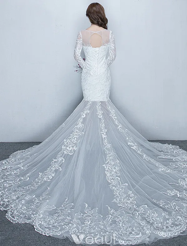 Gorgeous Mermaid Wedding Dresses 2017 Scoop Neckline White Lace Bridal Gowns With Sleeves