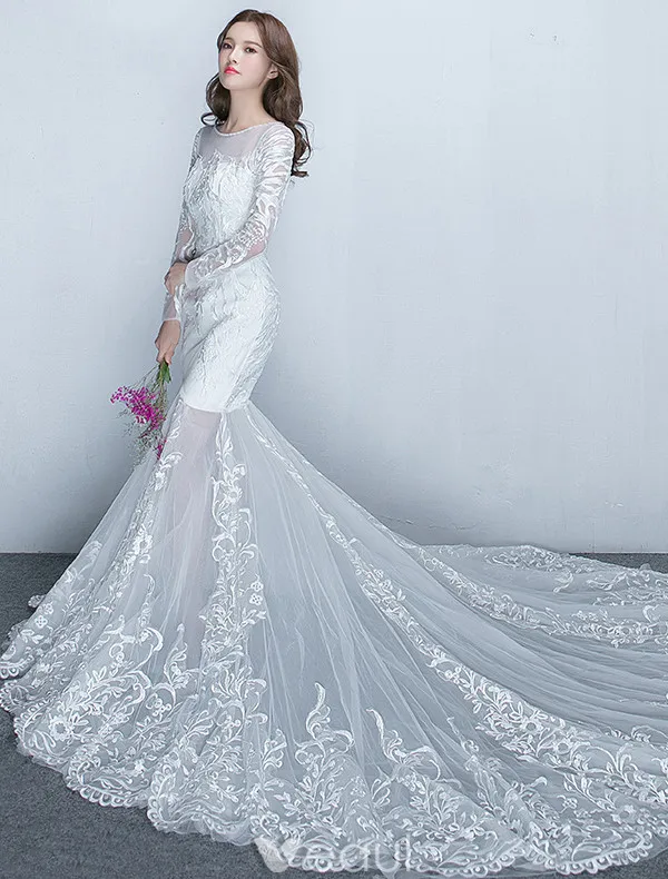 Gorgeous Mermaid Wedding Dresses 2017 Scoop Neckline White Lace Bridal Gowns With Sleeves