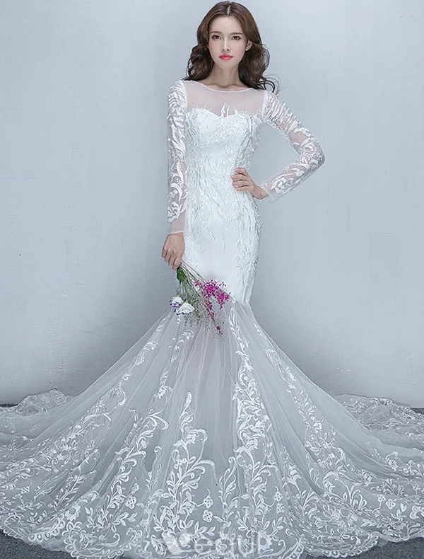 Gorgeous Mermaid Wedding Dresses 2017 Scoop Neckline White Lace Bridal Gowns With Sleeves