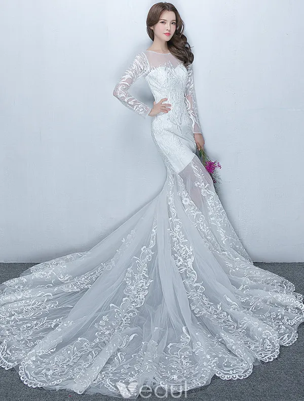 Gorgeous Mermaid Wedding Dresses 2017 Scoop Neckline White Lace Bridal Gowns With Sleeves