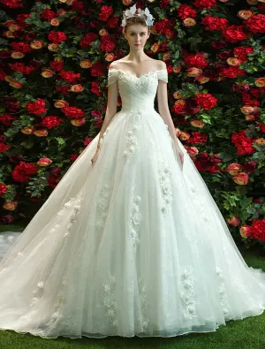Robe De Mariée Élégantes 2017 Sur L Épaule Ruffle Tulle Applique Dentelle Fleurs Robes De Mariée Avec Le Train