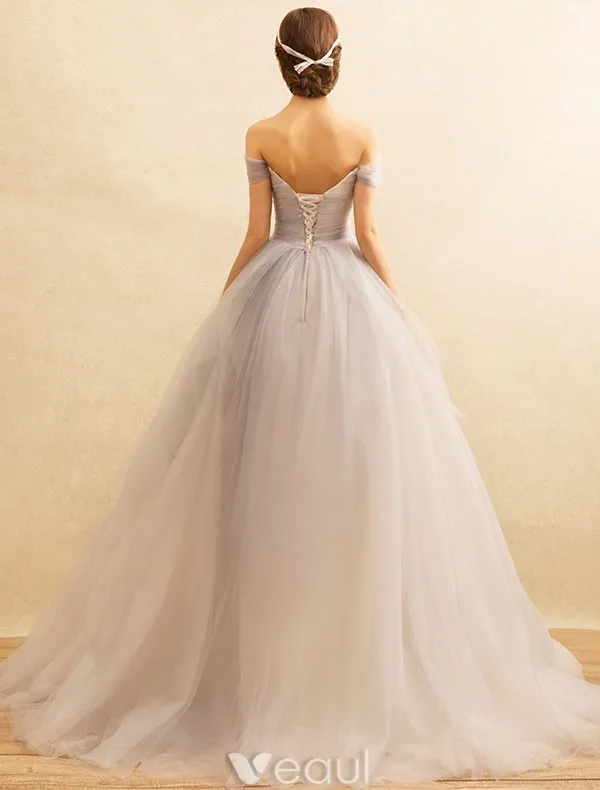 Princess Prom Dresses 2017 Off The Shoulder Mix Grey And Champagne Tulle Occasion Dress