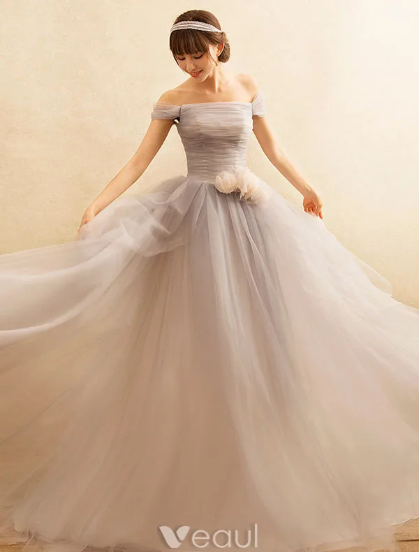 Princess Prom Dresses 2017 Off The Shoulder Mix Grey And Champagne Tulle Occasion Dress