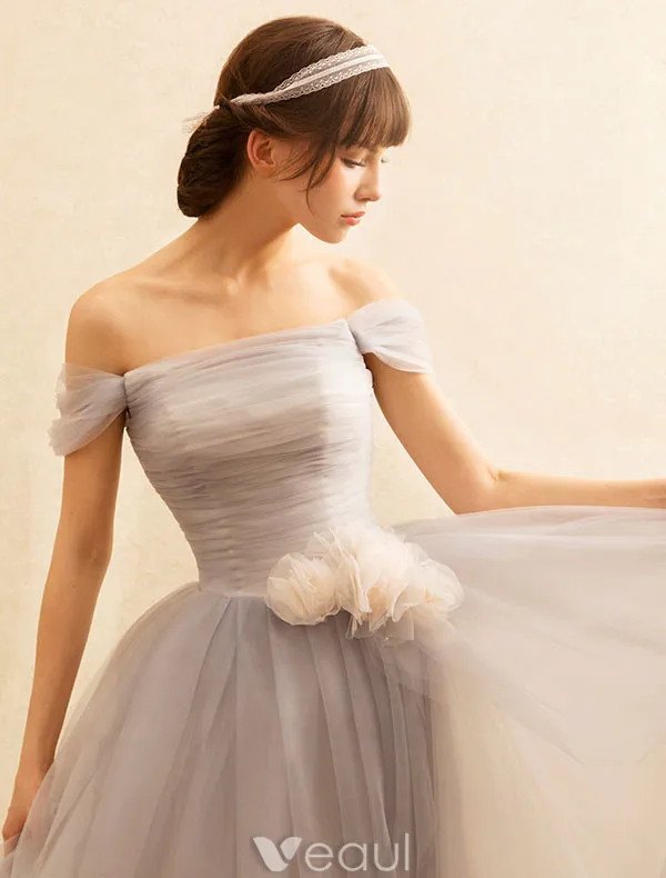 Princess Prom Dresses 2017 Off The Shoulder Mix Grey And Champagne Tulle Occasion Dress