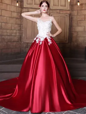 Robe De Bal Glamour 2017 Scoop Décolleté Appliques Paillettes Dentelle Robe De Satin Bourgogne