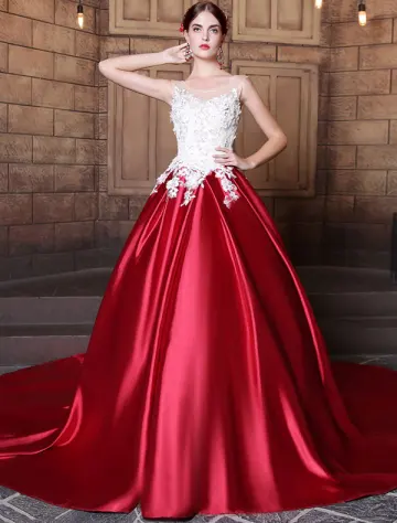 Glamorous Prom Dresses 2017 Scoop Neckline Applique Sequins Lace Burgundy Satin Dress
