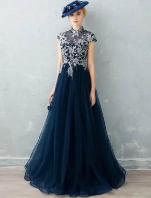 Cheongsam Robe De Soirée Améliorées 2017 Haut Cou Perles Applique Dentelle Volants Bleu Marine Robe Tulle