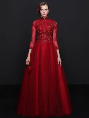 Élégante Cheongsam Robe De Soirée Améliorées 2017 Haute Cou Sequins Robe De Tulle Bordeaux