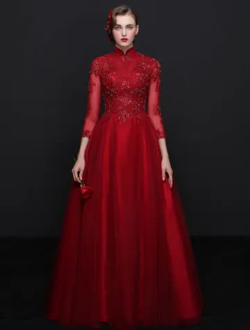 Eleganta Cheongsam Förbättrade Aftonklänningar 2017 Hög Hals Paljetter Vinrött Tyll Klänning