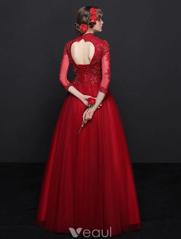Elegant Cheongsam Improved Evening Dresses 2017 High Neck Sequins Burgundy Tulle Occasion Dress