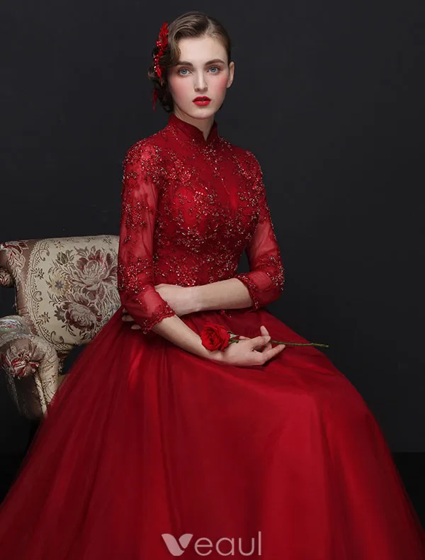 Elegant Cheongsam Improved Evening Dresses 2017 High Neck Sequins Burgundy Tulle Occasion Dress