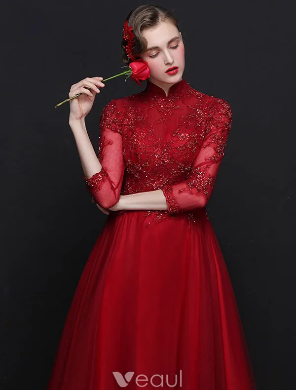 Elegant Cheongsam Improved Evening Dresses 2017 High Neck Sequins Burgundy Tulle Occasion Dress