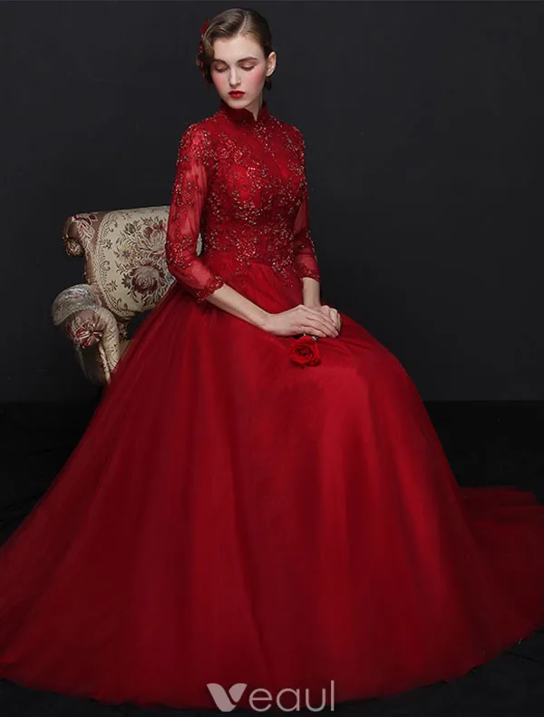 Elegant Cheongsam Improved Evening Dresses 2017 High Neck Sequins Burgundy Tulle Occasion Dress