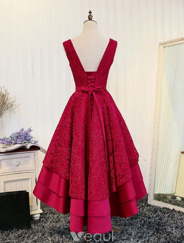 Elegant Red Cocktail Dress 2017 Lace Cascading Ruffles Backless High Low Party Dress
