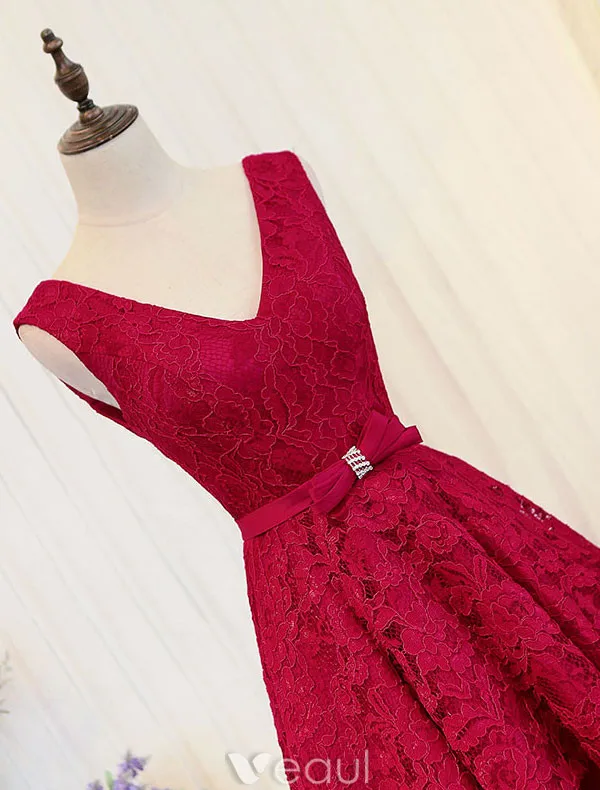 Elegant Red Cocktail Dress 2017 Lace Cascading Ruffles Backless High Low Party Dress