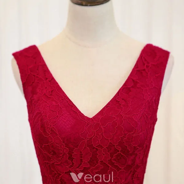 Elegant Red Cocktail Dress 2017 Lace Cascading Ruffles Backless High Low Party Dress