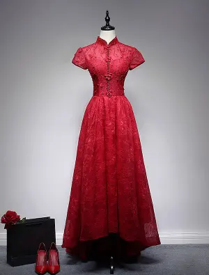 Elegant Röd Hög Hals Aftonklänning 2017 Spets Pärlstav Backless Qipao Med Korta Ärmar