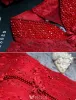 Robe De Soirée Élégante Rouge Haute Cou 2017 Dentelle Perlée Sans Dos Qipao À Manches Courtes