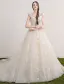 Princess Wedding Dresses 2017 Deep V-neck Applique Lace Flowers Champagne Tulle Bridal Gowns With Long Train