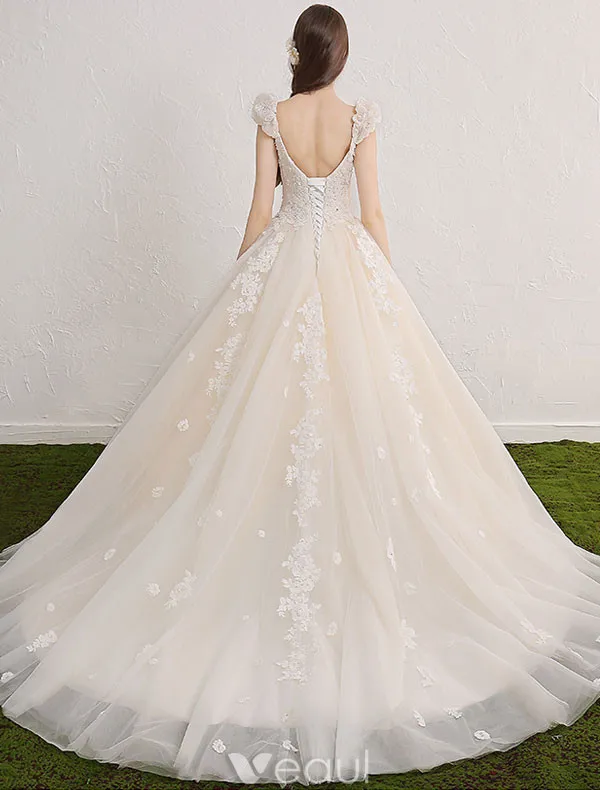 Princess Wedding Dresses 2017 Deep V-neck Applique Lace Flowers Champagne Tulle Bridal Gowns With Long Train
