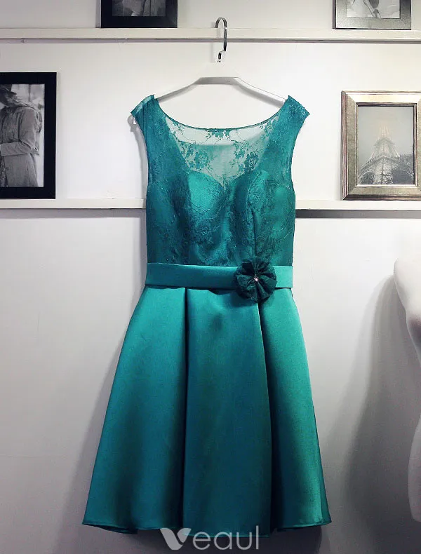 Enkle Brudepike Kjoler Jade Satin Kjole Til Bryllup Med Blomst Sash