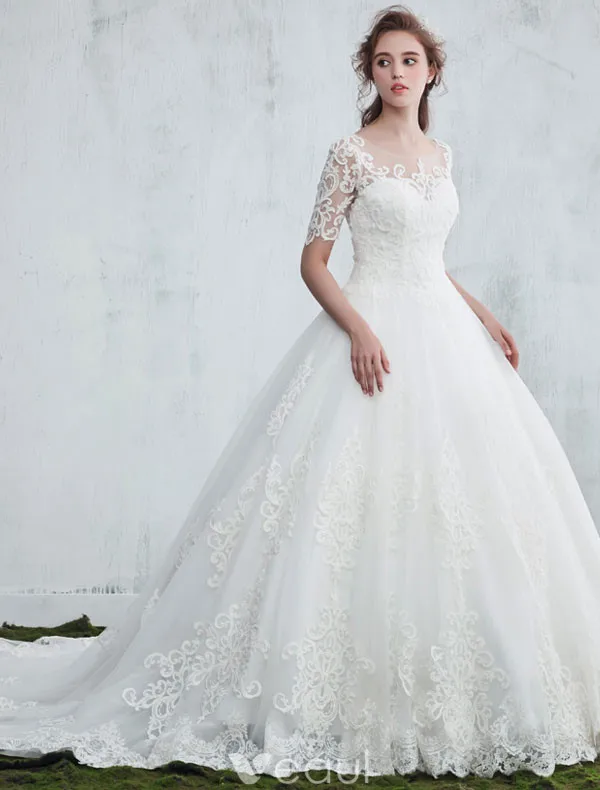 Elegant Wedding Dresses 2017 Scoop Neckline Applique Water Soluble Lace Bridal Gowns
