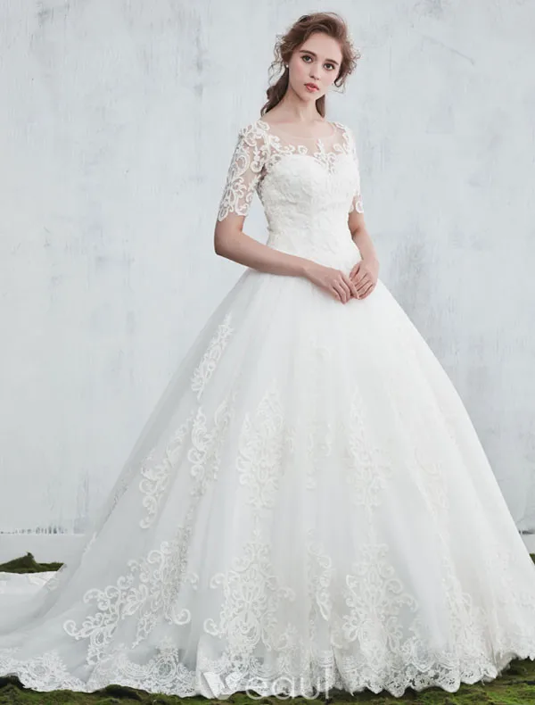 Elegant Wedding Dresses 2017 Scoop Neckline Applique Water Soluble Lace Bridal Gowns