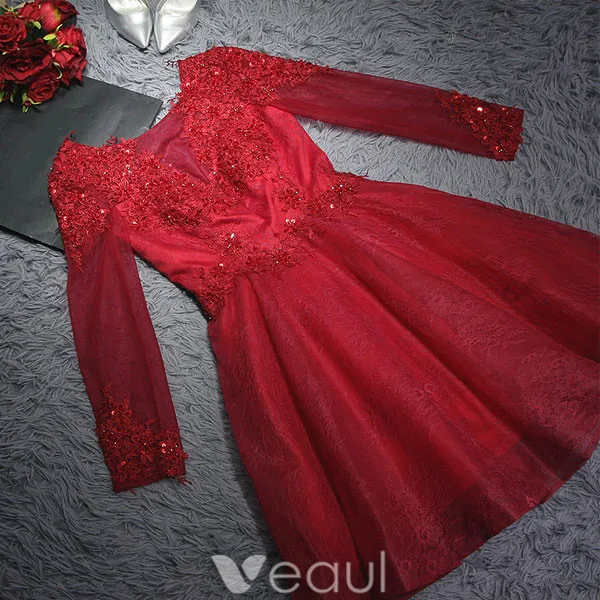 Robe De Cocktail Courte Avec Manches Longues Robe De Ceremonie En Dentelle