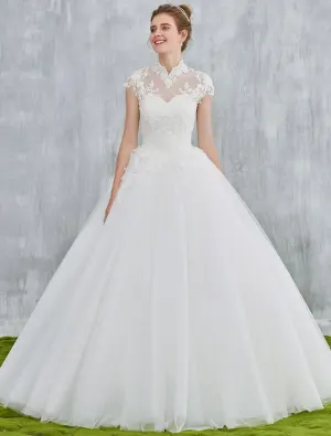 Elegant Wedding Dresses 2017 Vintage Neckline Applique Lace And Sequin White Tulle Bridal Gowns