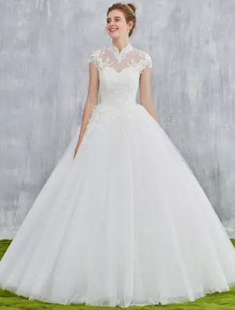 Elegant Wedding Dresses 2017 Vintage Neckline Applique Lace And Sequin White Tulle Bridal Gowns