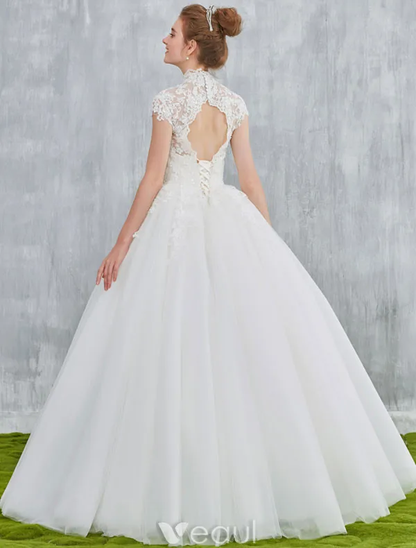 Elegant Wedding Dresses 2017 Vintage Neckline Applique Lace And Sequin White Tulle Bridal Gowns