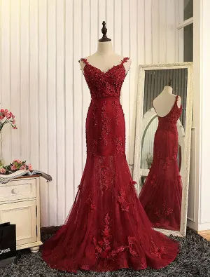 Sexig Sjöjungfru Aftonklänning 2017 Burgundy Spets Backless Formell Klädsel