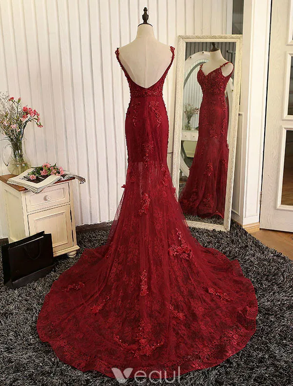Sexig Sjöjungfru Aftonklänning 2017 Burgundy Spets Backless Formell Klädsel
