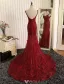 Sexig Sjöjungfru Aftonklänning 2017 Burgundy Spets Backless Formell Klädsel