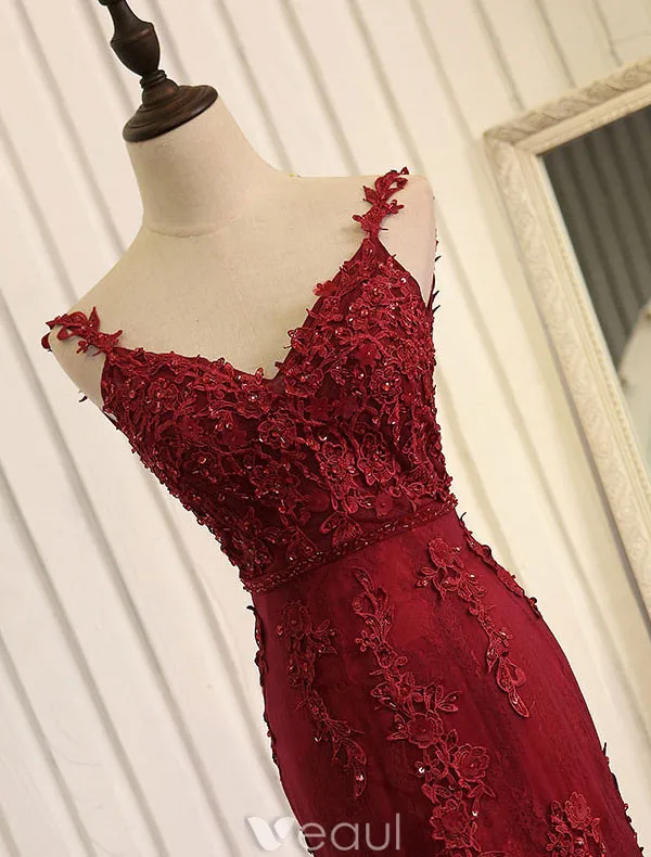Sexig Sjöjungfru Aftonklänning 2017 Burgundy Spets Backless Formell Klädsel