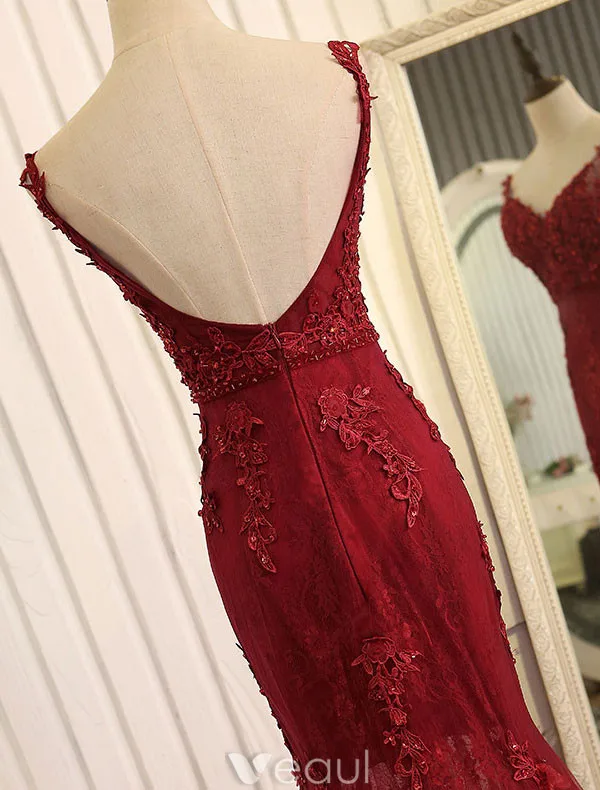 Sexig Sjöjungfru Aftonklänning 2017 Burgundy Spets Backless Formell Klädsel