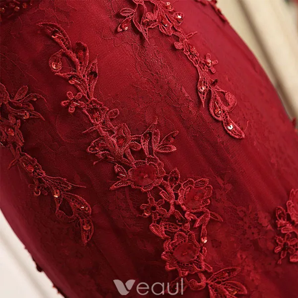 Sexig Sjöjungfru Aftonklänning 2017 Burgundy Spets Backless Formell Klädsel