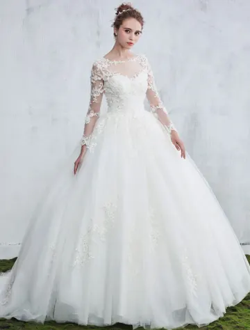 Beautiful Wedding Dresses 2017 Scoop Neck Applique Lace White Tulle Bridal Gowns