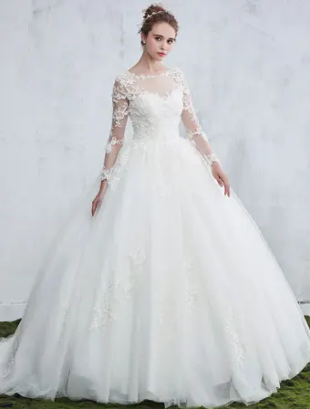 Schöne Brautkleider 2017 Schaufel Ansatz Applique Spitze Weiße Tüll Hochzeitskleider