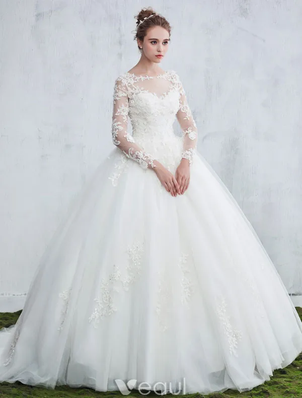 Beautiful Wedding Dresses 2017 Scoop Neck Applique Lace White Tulle Bridal Gowns