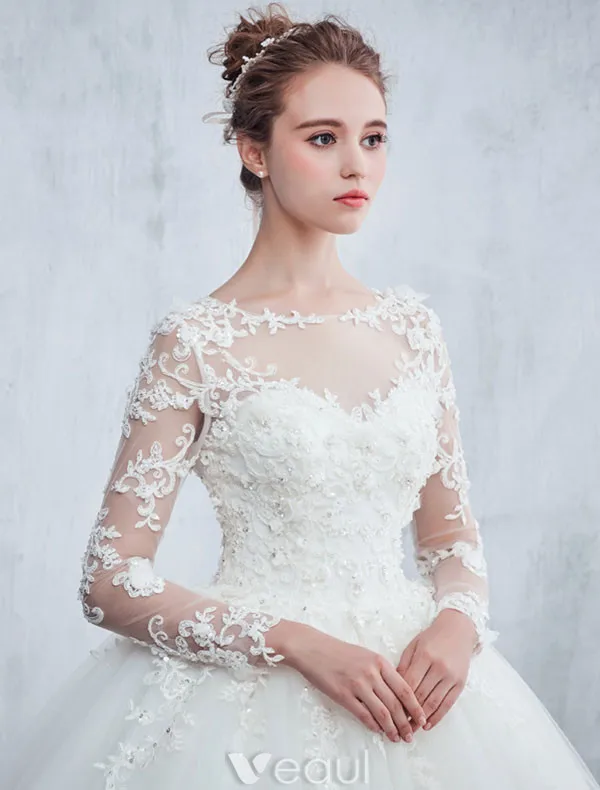 Beautiful Wedding Dresses 2017 Scoop Neck Applique Lace White Tulle Bridal Gowns