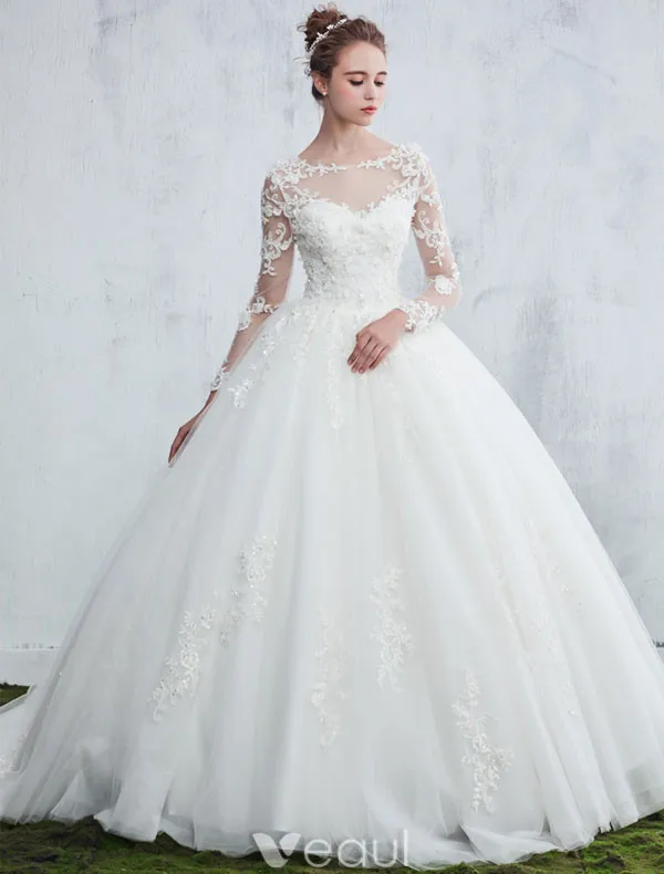 Beautiful Wedding Dresses 2017 Scoop Neck Applique Lace White Tulle Bridal Gowns