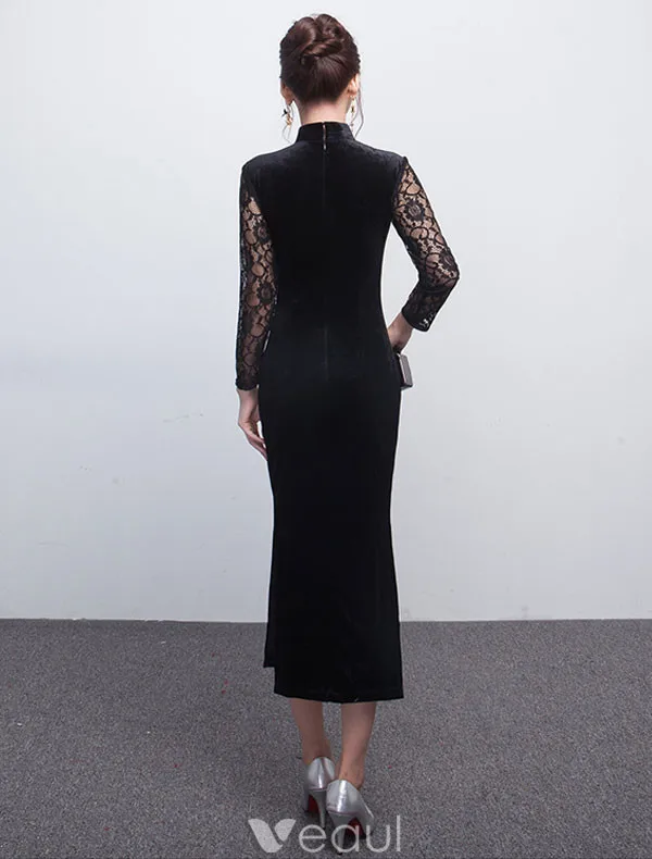 Elegant Black Evening Dress Long Lace Sleeves Fitted Suede Dress For Mother Of The Bride