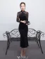 Elegant Black Evening Dress Long Lace Sleeves Fitted Suede Dress For Mother Of The Bride